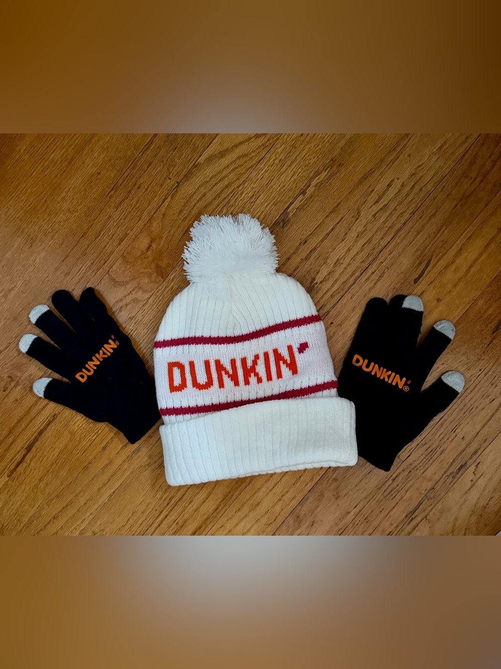 Dunkin’ Donuts White Pom Beanie & Black Touchscreen Gloves Set